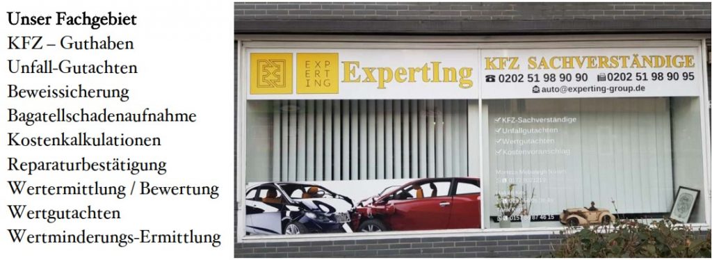 Unser Fachgebiet
KFZ – Guthaben
Unfall-Gutachten
Beweissicherung
Bagatellschadenaufnahme
Kostenkalkulationen
Reparaturbestätigung
Wertermittlung / Bewertung
Wertgutachten
Wertminderungs-Ermittlung